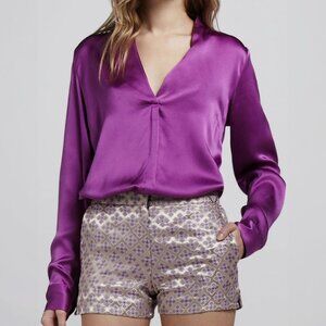 Elizabeth & James Magenta Silk V-Nick Button Down Tunic Blouse Long-sleeve shirt